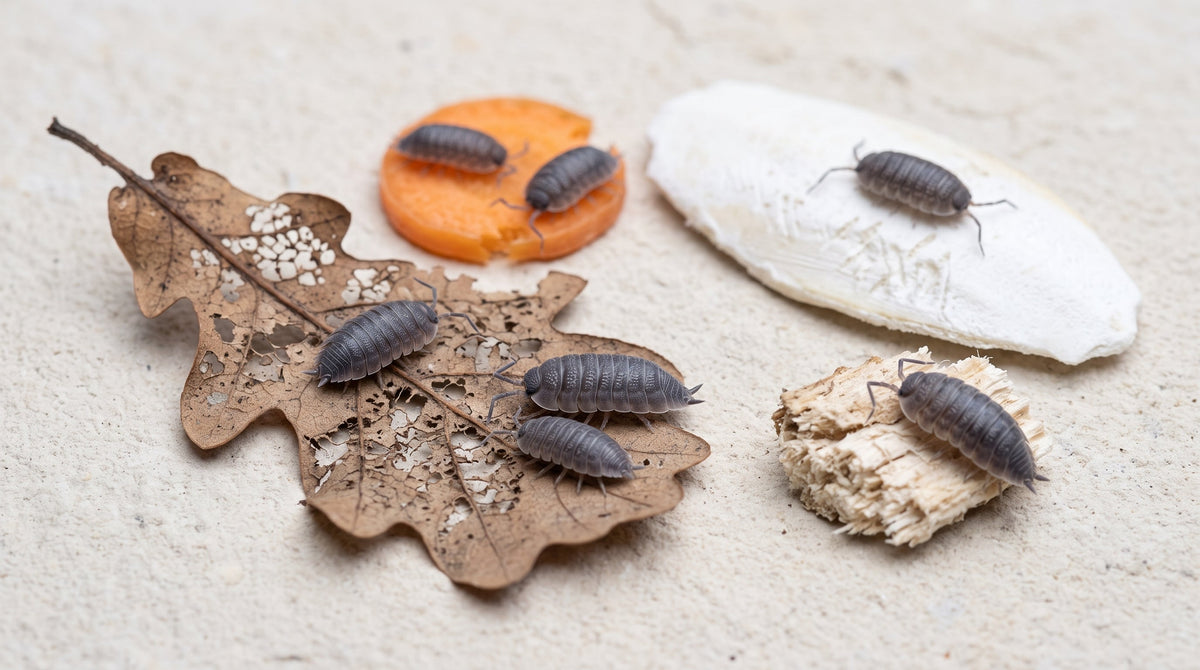Cloportes gris en train de manger une feuille de chêne décomposée, près d'un os de seiche et d'une rondelle de carotte