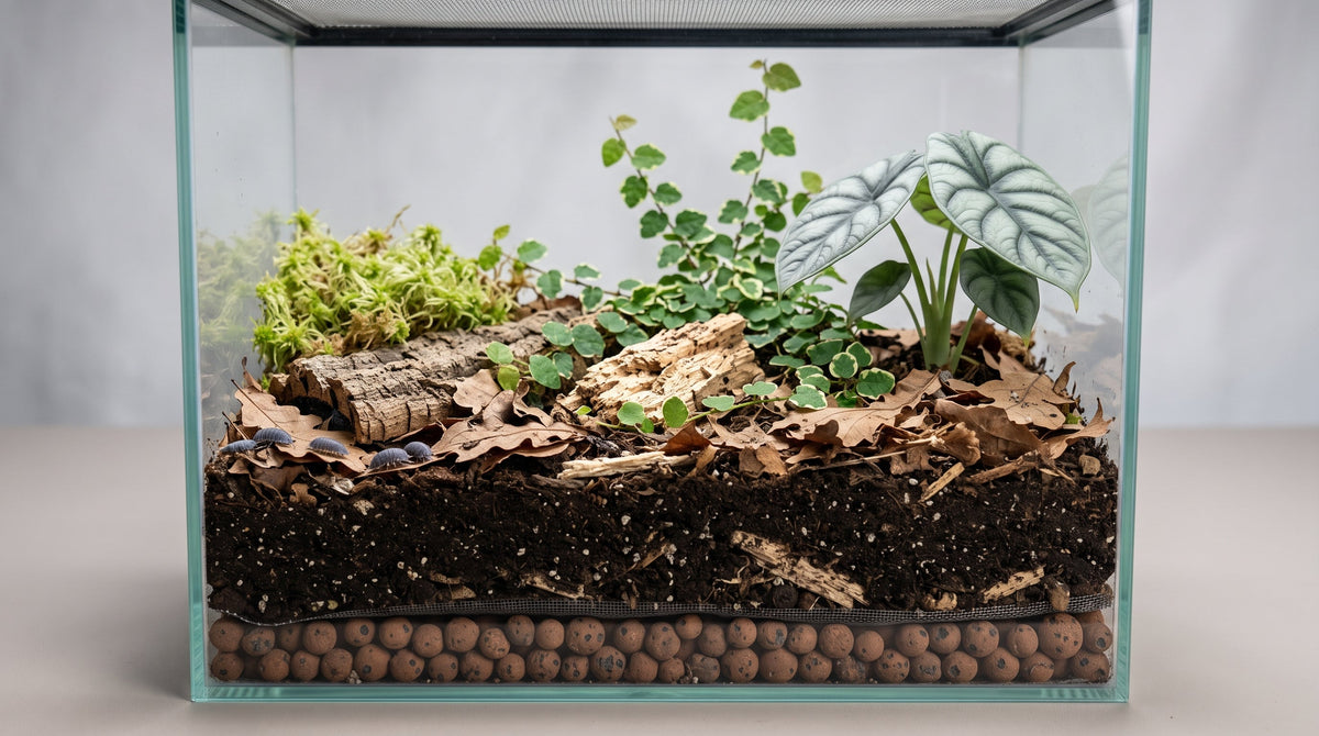 Terrarium en verre planté : feuilles de chêne, liège, plante rampante et petits cloportes gris sur la litière